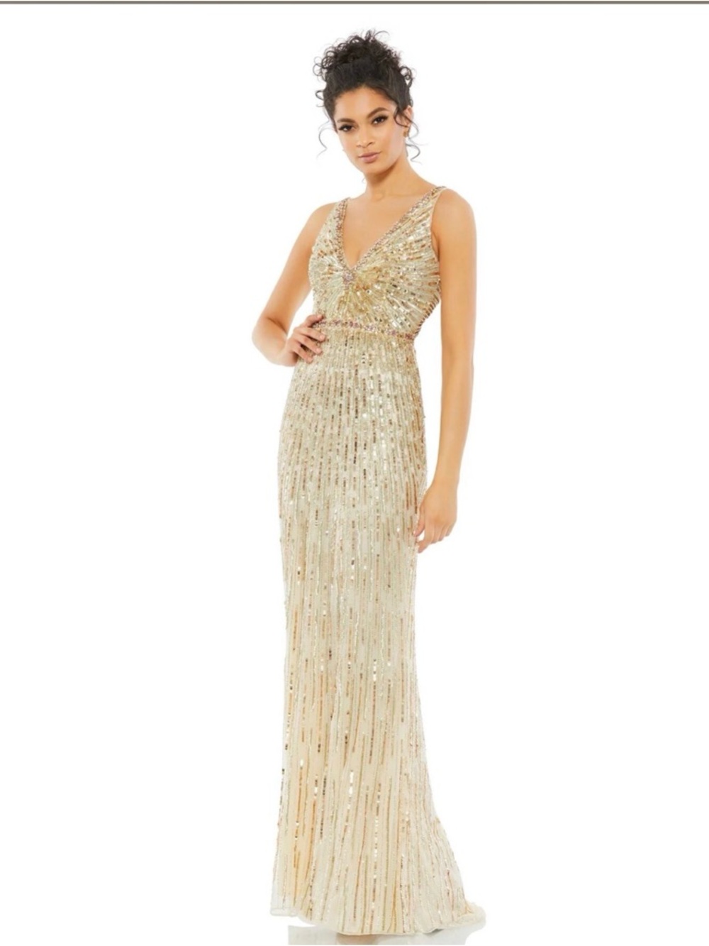Mac Duggal Gold Sequin V-Neck Evening Gown